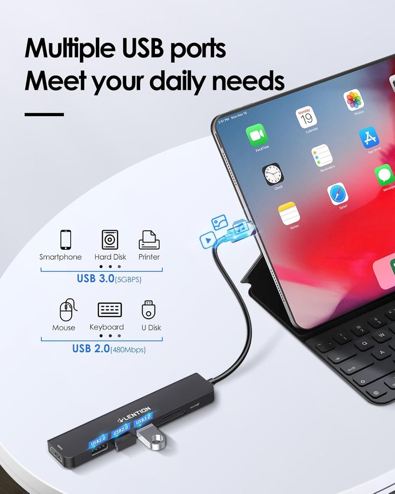 Lention USB C Hub with 100W Charging, 4K@60Hz HDMI, Dual Card Reader, USB 3.0 & 2.0 Compatible 2025-2016 MacBook Pro, New Mac Air/Surface, Chromebook, More, Stable Driver Adapter (CB-CE18p.Black) - Image 4